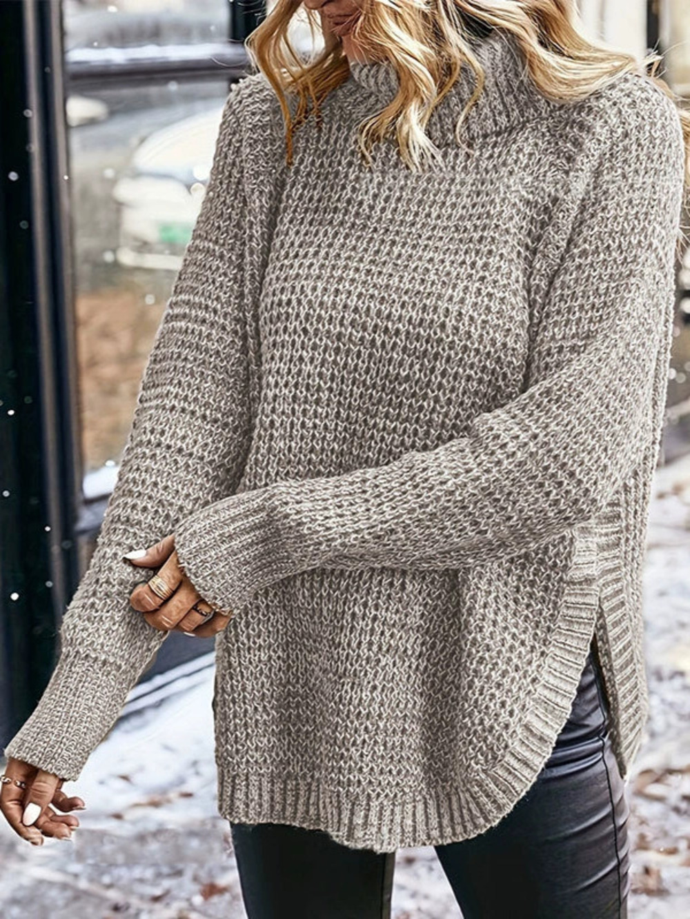 Womens Fall Winter Knit Sweater High Neck Slit Pullover Long Sleeve